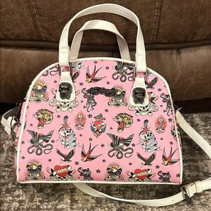 New Ed Hardy Pink and White Satchel with Tattoo Design